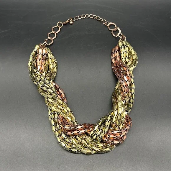 Vintage Braided Chain Necklace Copper Gold Tone Metal Multple Strands 1980s Glam - Picture 4 of 8